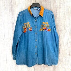 Embroidered Denim Shirt 2XL Thanksgiving Shirt Sunflower Pumpkin Cottagecore